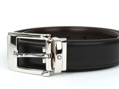 Pre-owned Montblanc 9774 Men's Reversible Calfskin Leather Belt In Black