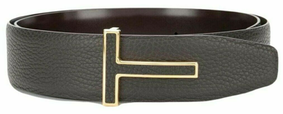 Pre-owned Tom Ford Signature T Buckle Reversible Grained Brown 4cm Icon Belt 40" Eu 105cm