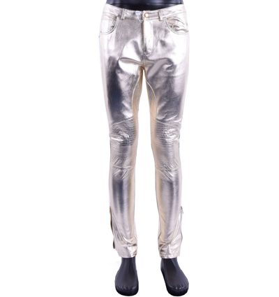 Pre-owned Moschino Runway Shiny Slim Fit Biker Nappa Leather Trousers Pants Gold 05409