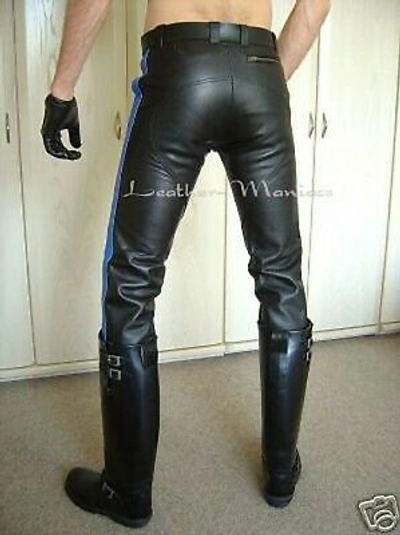 Pre-owned Leather Maniacs Guild Trousers Made Of Leather With Blue Stripes Pants In Black Tones