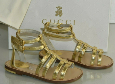 Pre-owned Gucci Kids' $295 In Box  Girls Sandals Strappy Gold Metallic Leather Flats Shoes 27