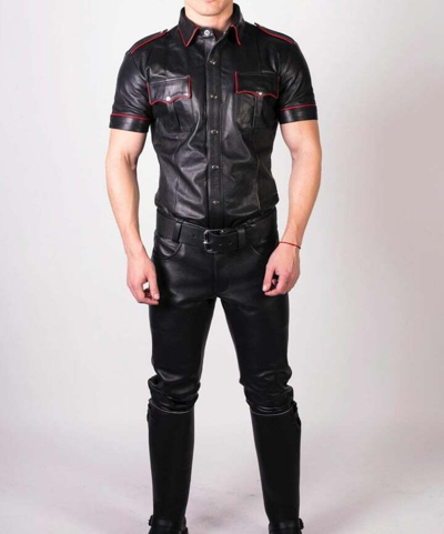 Pre-owned Leather4-all Men's Real Leather Pants & Police Shirt With Red Piping Leather Pants/shirt