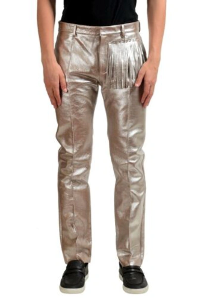 Pre-owned Martin Maison Margiela 10 Men's 100% Leather Metallic Fringe Casual Pants Size 30 32 In Silver