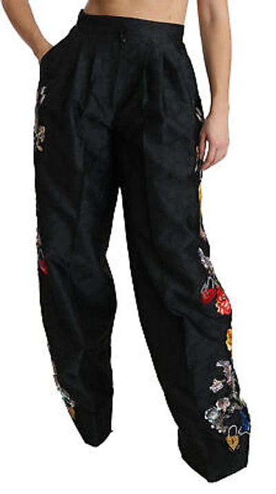 Pre-owned Dolce & Gabbana Pants Black Brocade Floral Sequined Beaded It42/us8/m Rrp $11100