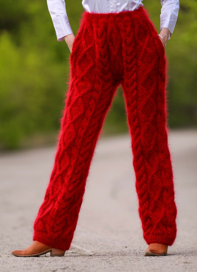 Pre-owned Supertanya Red Cable Mohair Pants Thick Fuzzy Hand Knit Trousers Leggings  Sale