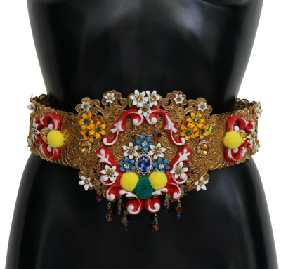 Pre-owned Dolce & Gabbana Belt Embellished Floral Crystal Wide Waist Carretto It42/m $5500 In Gold