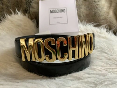 Pre-owned Moschino Authentic  Ladies Black Leather Silver Logo Belt 44