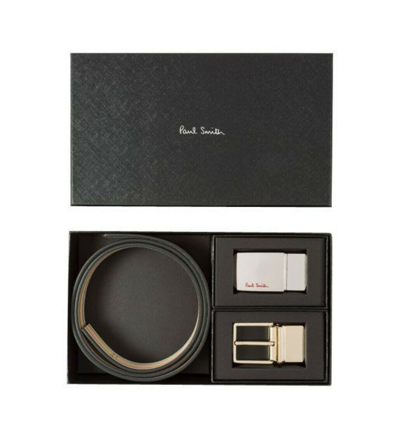 Pre-owned Paul Smith Men's Black Signature Stripe Leather Cut-to-fit Reversible Belt Kit