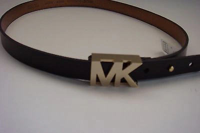 Pre-owned Michael Kors Mk Logo Narrow Belt Black W/ Gold Brown W/ Gold S M L Xl In Medium Solid Brown With Gold