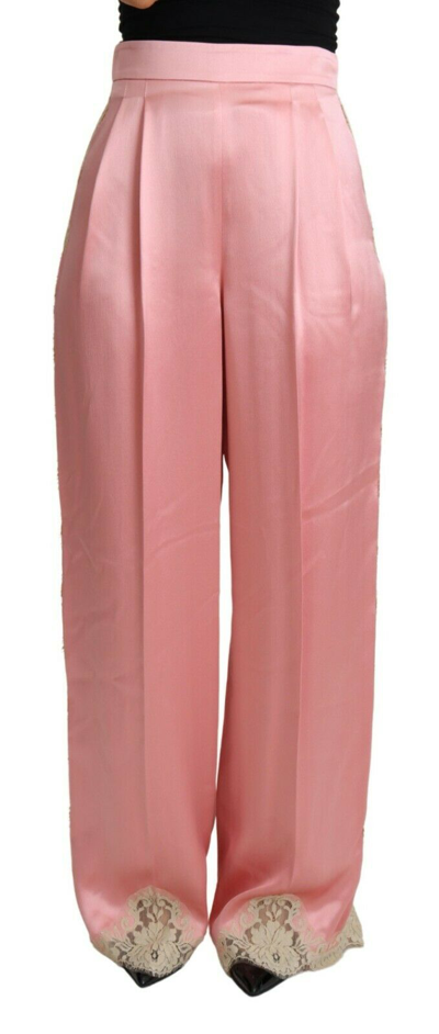 Pre-owned Dolce & Gabbana Pants Pink Lace Trimmed Silk Satin Wide Legs It40/us6/s $2300