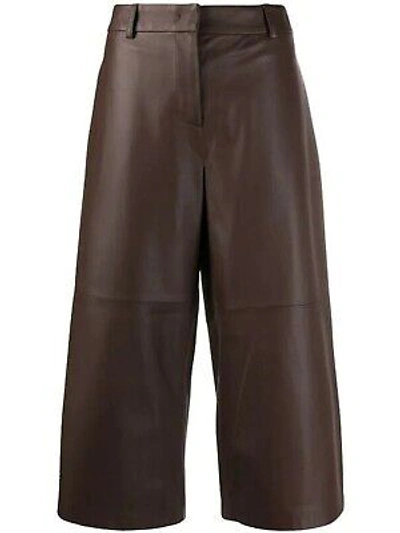 Pre-owned Asaavi Womens Genuine Lambskin Brown Leather Pants Culottes Wide Leg Short Pants - 021