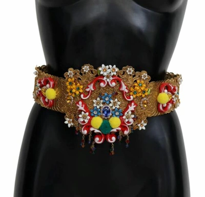 Pre-owned Dolce & Gabbana Dolce&gabbana Women Beige Waist Belt Nylon Wool Floral Crystal Wide Strap It 42