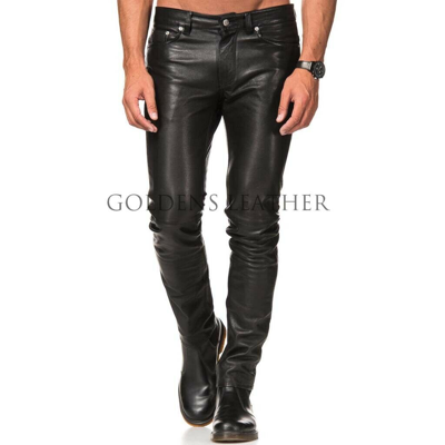 Pre-owned Goldensleather Classic Styled Men Genuine Leather Pants Leather Trousers In Black