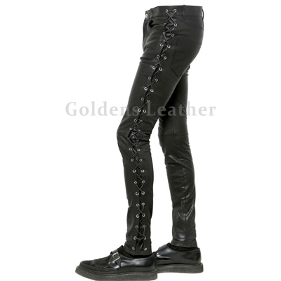 Pre-owned Goldensleather Side Laced Details Men Genuine Leather Biker Pants In Black