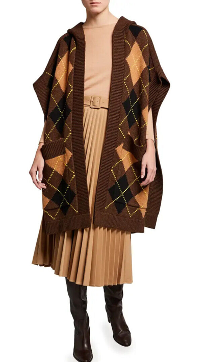 Pre-owned Burberry Womens  London Carla Argyle Wool Cashmere Intarsia-knit Hooded Cape In Brown