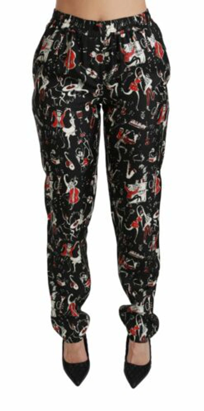 Pre-owned Dolce & Gabbana Dolce&gabbana Women Black Pants 100% Silk Musical Print Skinny Casual Trousers