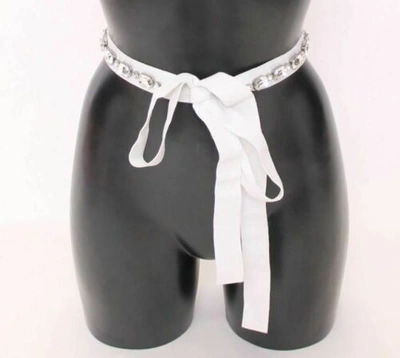 Pre-owned Dolce & Gabbana Dolce&gabbana Women White Waist Belt Metal Crystals Embroidered Strap 100 Cm 39"