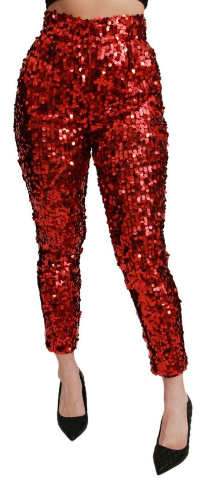 Pre-owned Dolce & Gabbana Pants Red Sequined Cropped Trousers S. It40 / Us6 / S Rrp $1400