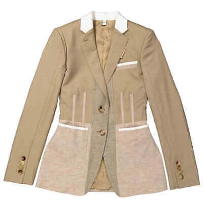 Pre-owned Burberry Ladies Pecan Melange Tape Detail Mix Media Blazer In Check Description