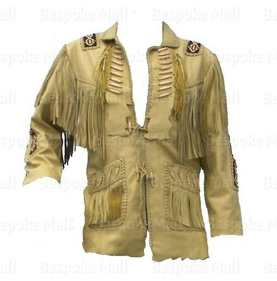 Pre-owned Handmade Men's Western American Beige Cowboy Leather Jacket Fringes Bone Beads-909 In Biege