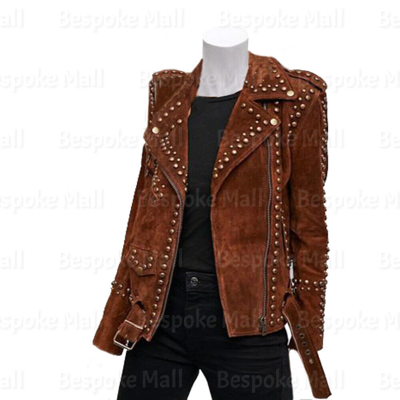 Pre-owned Handmade Women's Punk Brown Golden Studded Brando Cowhide Biker Leather Jacket-475