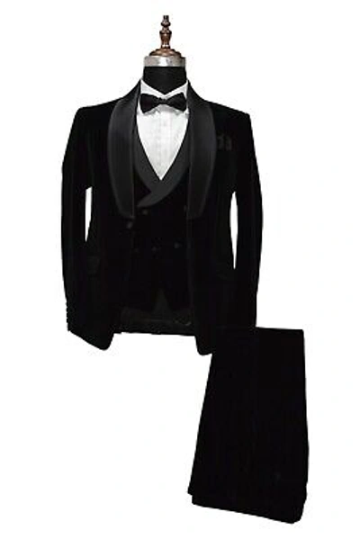 Pre-owned Handmade Men Black Velvet Suit Designer Wedding Dinner Party Wear Suit(coat +pant +vest)