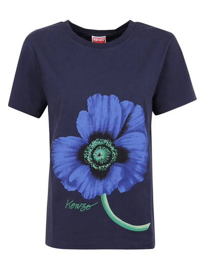 Kenzo Poppy-print Cotton T-shirt In Dark Blue