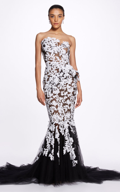 Marchesa Women's Embroidered Strapless Gown In Black,white