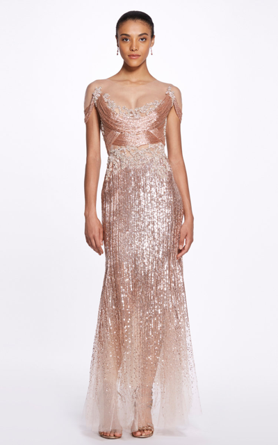 Marchesa Bugle Bead And Sequin Fringe Gown In Gold