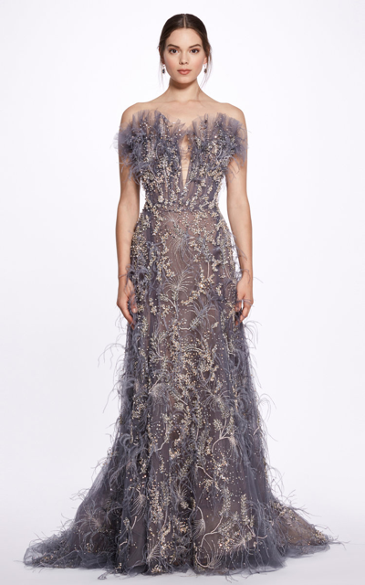 Marchesa Crystal And Feather Embroidered Gown In Blue