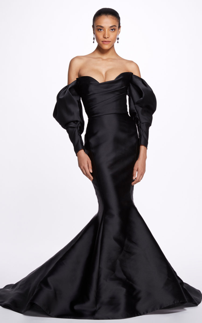 Marchesa Off-the-shoulder Detachable-sleeves Mermaid Gown In Black