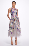 MARCHESA FLORAL-EMBROIDERED MIDI DRESS