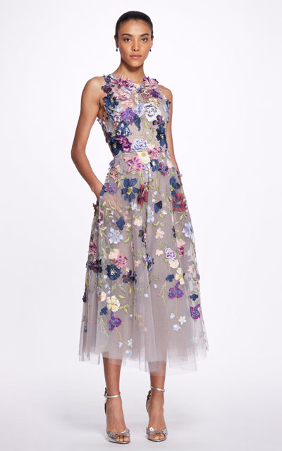 Marchesa Floral Embroidered Applique Tulle Midi Dress