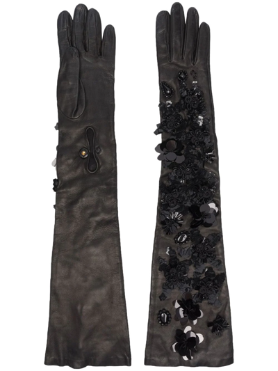 Pre-owned Prada Beaded Leather Gloves In Black