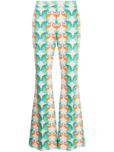 La Doublej Saturday Night Peacock-print Cotton-blend Trousers In Neutrals