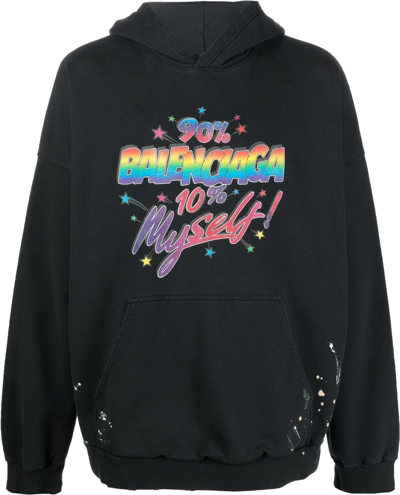 Balenciaga Rainbow Logo-print Jersey Hoodie In Black