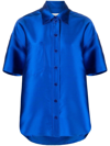 Sandro June Satin Short-sleeve Button-down Shirt In Blue