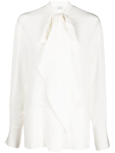 Etro Santa Barbara Neck-scarf Silk Shirt In Bianco