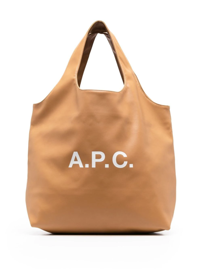 Apc Logo-print Leather Tote Bag In Brown