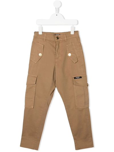 Balmain Kids' Logo-patch Straight-leg Trousers In Brown