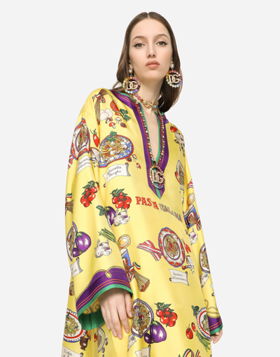 Dolce & Gabbana Short Twill Caftan With Pasta Print In Multicolor
