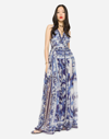 DOLCE & GABBANA LONG SLEEVELESS CHIFFON DRESS WITH MAJOLICA PRINT