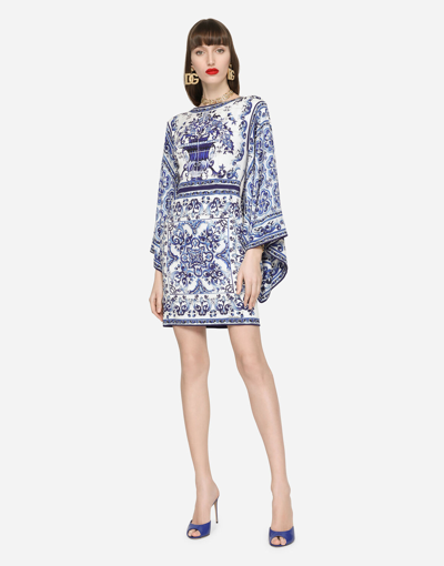 Dolce & Gabbana Short Majolica-print Charmeuse Dress In Multicolor