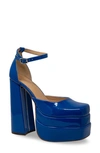 Chase & Chloe Platform Block Heel Pump In Blue Patent