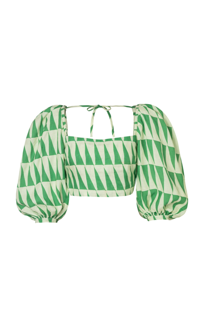 Cala De La Cruz Sami Geometric-print Linen Top In Green