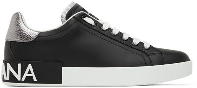 Dolce & Gabbana Portofino Sneakers In Black Leather With Silver Inserts Dolce E Gabbana