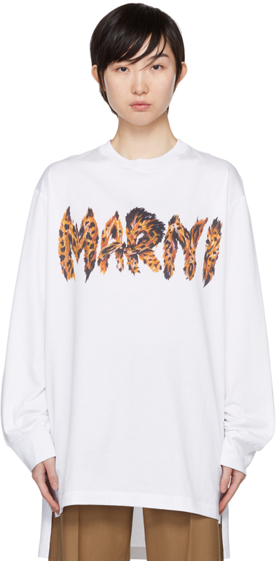 Marni White T-shirt With Feline Print Logo In Lily White