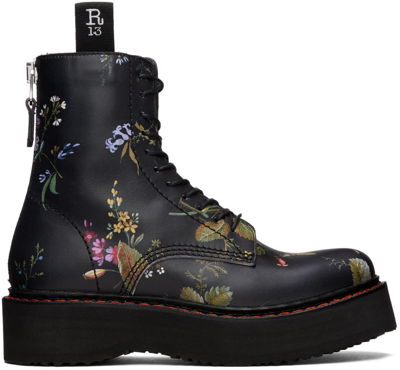 R13 Black Floral Single Stack Platform Lace-up Boots In Black / Floral