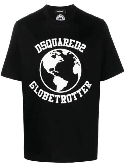 Dsquared2 Logo Print Black Globetrotter T-shirt In Nero