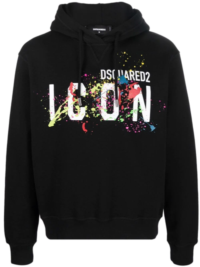 Dsquared2 Icon Splatter Cotton Jersey Hoodie In Black